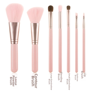 Detail showing 7 pink mini makeup brushes including powder, eyeshadow, and lip brushes