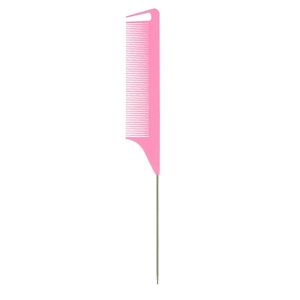 Pink professional hair highlighting comb with fine teeth and a long metal tail tip
