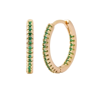 Elegant 12mm gold hoop earrings with row of sparkling green zircons on white background