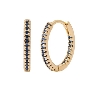 Detailed view of 18K gold-plated hoop earrings with navy blue pavé-set zircon crystals
