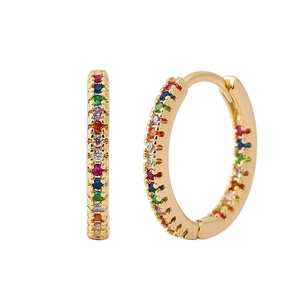 Close-up of 12mm gold hoop earrings with multi-color cubic zirconia rainbow stones