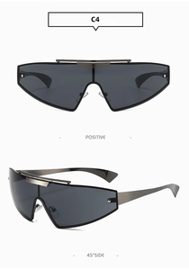 Front and 45-degree side views of futuristic wraparound shield sunglasses in gunmetal grey