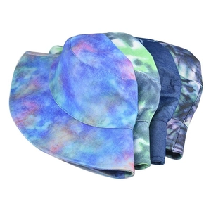Set of four stylish tie-dye cotton bucket hats in blue, purple, and green printed patterns