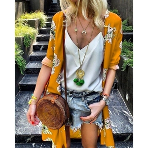 Women bohemian floral long sleeve chiffon cardigan with a woven straw crossbody bag