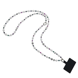 Detail of long pearl phone strap with colored beads and silver rose butterfly charms