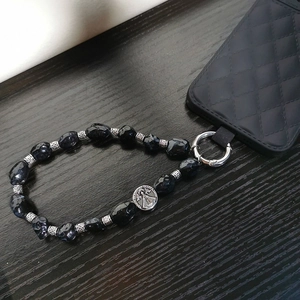 Ethnic style black irregular beaded crossbody phone strap with silver metal charms and case