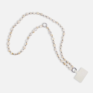 Bohemian marble-style beaded crossbody phone strap with amber accents and metal charms