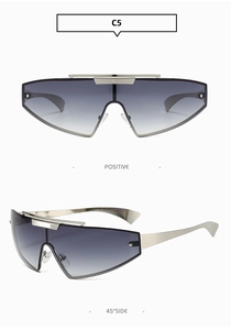 Detailed views of silver Y2K futuristic wrap-around sunglasses with grey gradient lenses