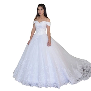 Elegant white ball gown wedding dress with lace embroidery, off-shoulder neckline and long train