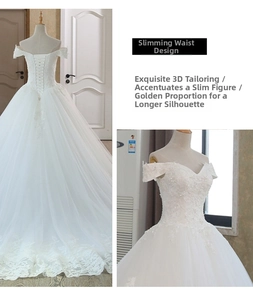 Lace embroidery detail on off-shoulder wedding dress with a vintage lace-up back design