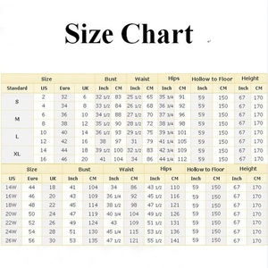 Guida alle taglie dettagliata per abito da sposa a fascia con misure standard US, EU e UK