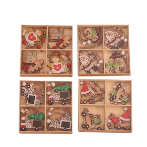 Set of four wooden Christmas ornaments featuring hand-painted reindeer and snowmen figurines
