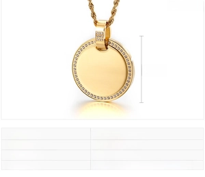 Detailed macro view of gold-plated stainless steel circular pendant with zircon stones
