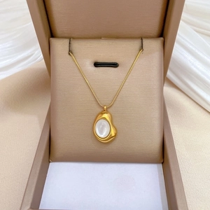 Minimalist Titanium Steel Necklace With Irregular Pendant White Cat Eye Stone For Women Clavicle Snake Bone Chain