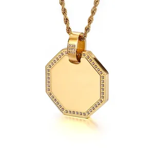 Octagonal Pendant Necklace Stainless Steel Zircon Rhinestone Polished Geometry Hip Hop Style For Men Women Rope Chain