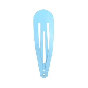 Macro shot of light blue matte metal snap hair clip with smooth lacquer finish