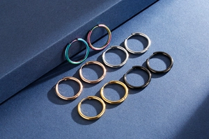 Detailed set of 5 pairs titanium steel hoop earrings in silver gold black and rainbow colors