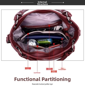 Interior view of large burgundy shoulder bag with multiple compartments and pockets