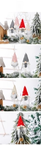 Close-up of knit Christmas gnomes ornaments with sequin hats and faux fur beards