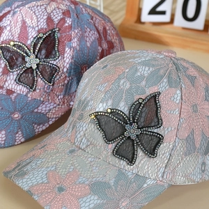 Breathable lace baseball cap for women with rhinestone butterfly and floral mesh overlay