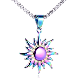 Rainbow plated stainless steel sun pendant necklace on a silver box chain
