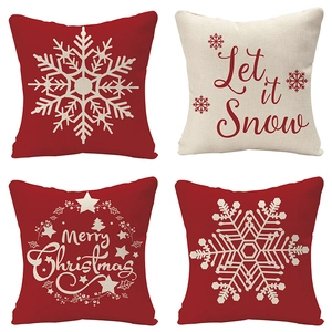 Set of 4 Christmas linen pillow covers with snowflakes and Merry Christmas patterns