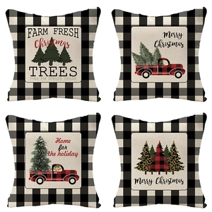 Set of 4 Christmas linen pillow covers with buffalo plaid edges and red truck holiday patterns