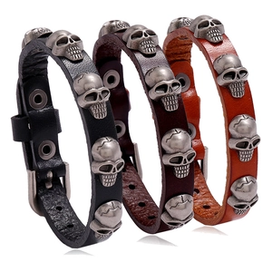 Vintage Punk Skull Head Cowhide Leather Bracelet Adjustable Alloy Buckle Gothic Rock Wristband Jewelry For Men Women