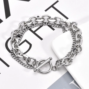 Double-layered stainless steel silver chain bracelet with punk OT toggle clasp
