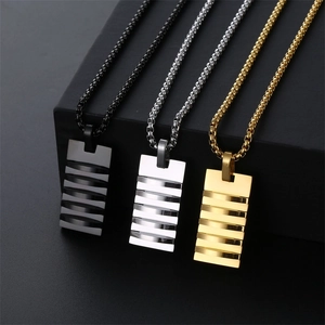 Three men's stainless steel rectangular tag necklaces in black, silver and gold finish