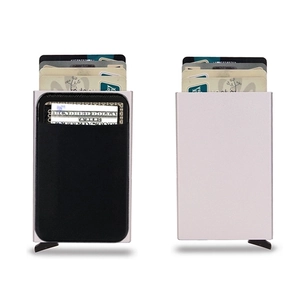 Detail view of silver RFID aluminum card holder with back elastic pocket for cash and cards