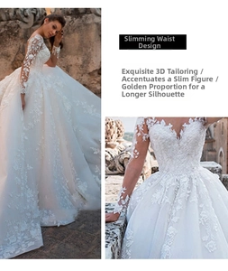 Detail of delicate lace embroidery on long-sleeved V-neck bridal gown with floral patterns