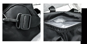Detail of adjustable strap buckle and waterproof lining pocket on black travel bag