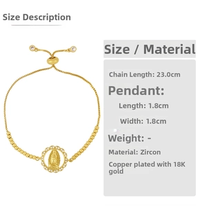 Detail of 18K gold plated Our Lady of Guadalupe bolo bracelet with cubic zirconia