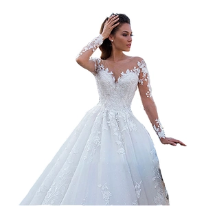 Elegant white V-neck long sleeve wedding dress with lace floral applique and a long train