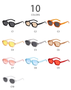 Collection of ten different colorful oval sunglasses shown in an array on a white background
