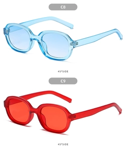Blue and red oval concave sunglasses in 45-degree side view showing semi-transparent resin