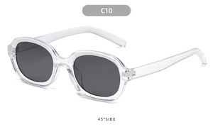 Detail view of oval concave sunglasses with transparent frame and dark gray lenses