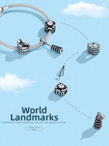 Travel theme 925 sterling silver charm bracelet with world landmarks and snake chain