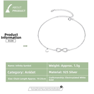 Detail specifications of 925 silver infinity anklet with heart charm and platinum plating