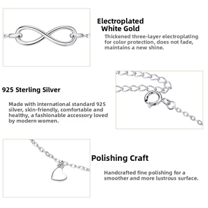 Detail of S925 sterling silver infinity heart anklet with high-polished white gold plating