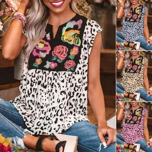 Detail view of V-neck sleeveless tops featuring floral prints and leopard patchwork panels