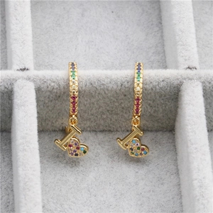 Gold hoop earrings with heart and LOVE charms featuring colorful pavé zircons