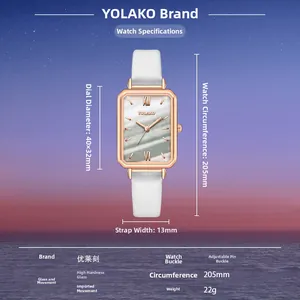 Detailed specs of the rectangular women's watch with green malachite dial and leather strap