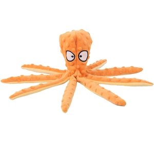 Squeaky octopus dog toy in orange minky fabric with durable embroidered eyes