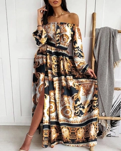 Detail of baroque print maxi dress with high slit and off-the-shoulder neckline design