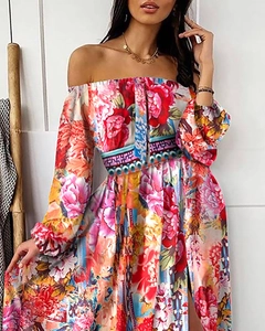 Detail of floral print maxi dress featuring elastic off-shoulder neckline and long sleeves