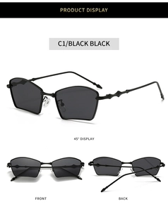 Three-view layout of black irregular polygon sunglasses with decorative spine-shaped temples