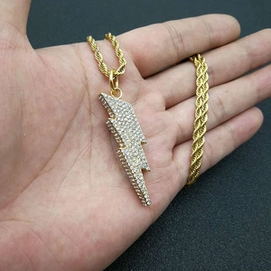 Gold plated hip hop lightning pendant necklace with iced out crystals on a twist chain