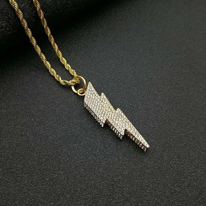 Hip hop gold plated stainless steel lightning bolt pendant necklace with clear crystals
